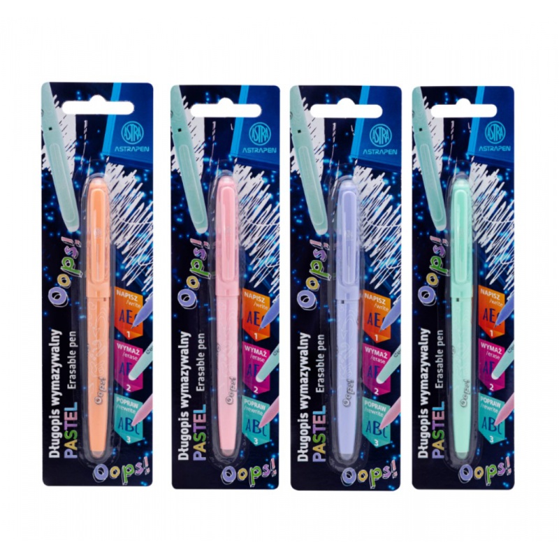 ASTRA - Gumovateľné pero OOPS! Pastel, 0,6mm, modré, dve gumy, blister, 201022005, Mix produktov