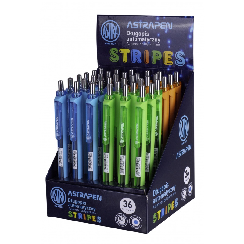 ASTRA - STRIPES, Guľôčkové pero 0,7mm, modré, stojan, mix farieb, 201121003