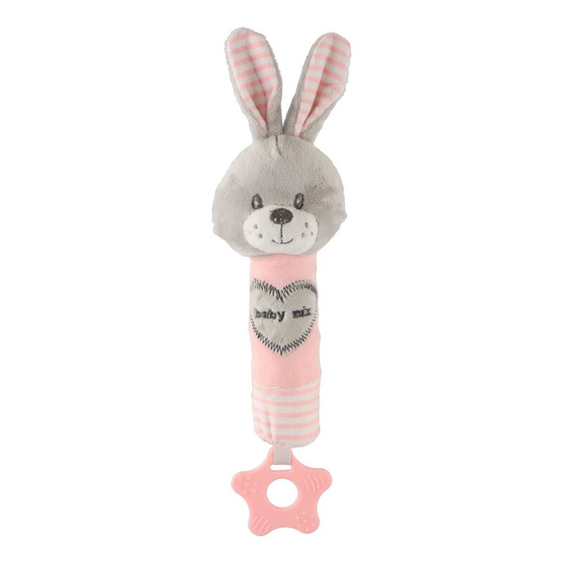 BABY MIX - Detská pískacia plyšová hračka s hryzátkom králik ružový