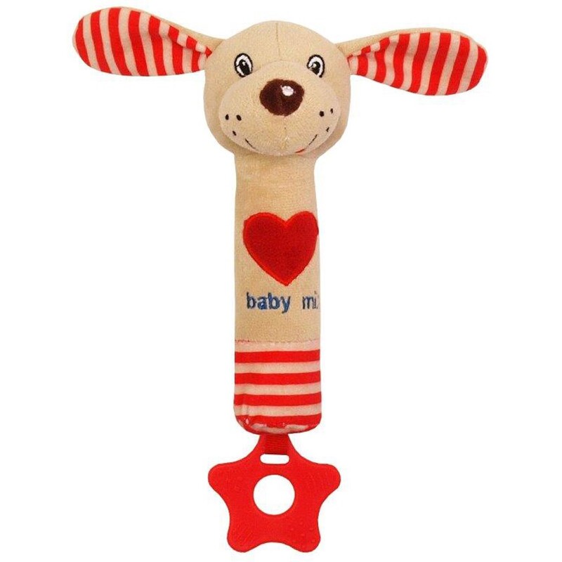 BABY MIX - Detská pískacia plyšová hračka s hryzátkom psík červená