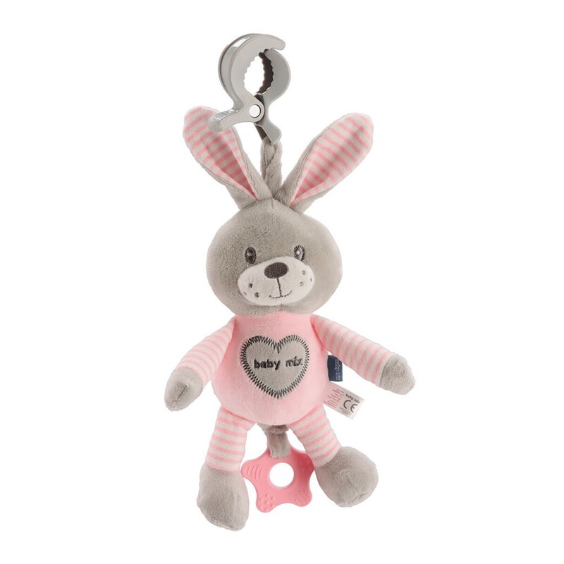 BABY MIX - Edukačná hrajúca plyšová hračka s klipom králik rúžový