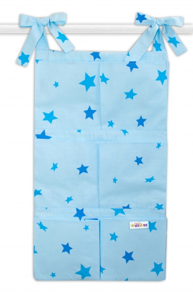 BABY NELLYS - Bavlnený vreckár na postieľku 6 vreciek, Hviezdičky - modré