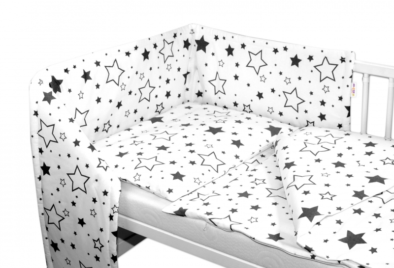 BABY NELLYS - Mantinel s obliečkami - Čierne hviezdy a hviezdičky - biely, 135x100 cm