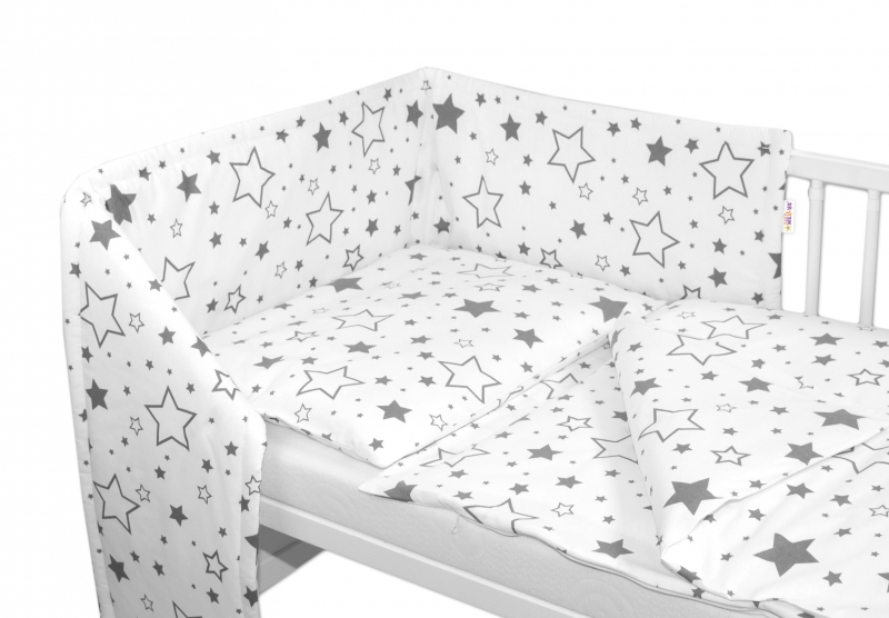 BABY NELLYS - Mantinel s obliečkami - Sivé hviezdy a hviezdičky - biely, 135x100 cm