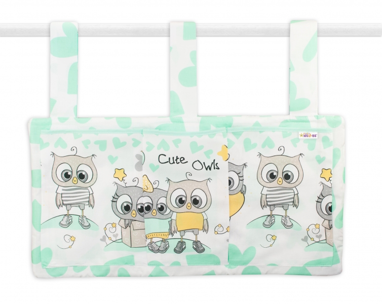 BABY NELLYS - Vreckár na postieľku Cute Owls - zelený
