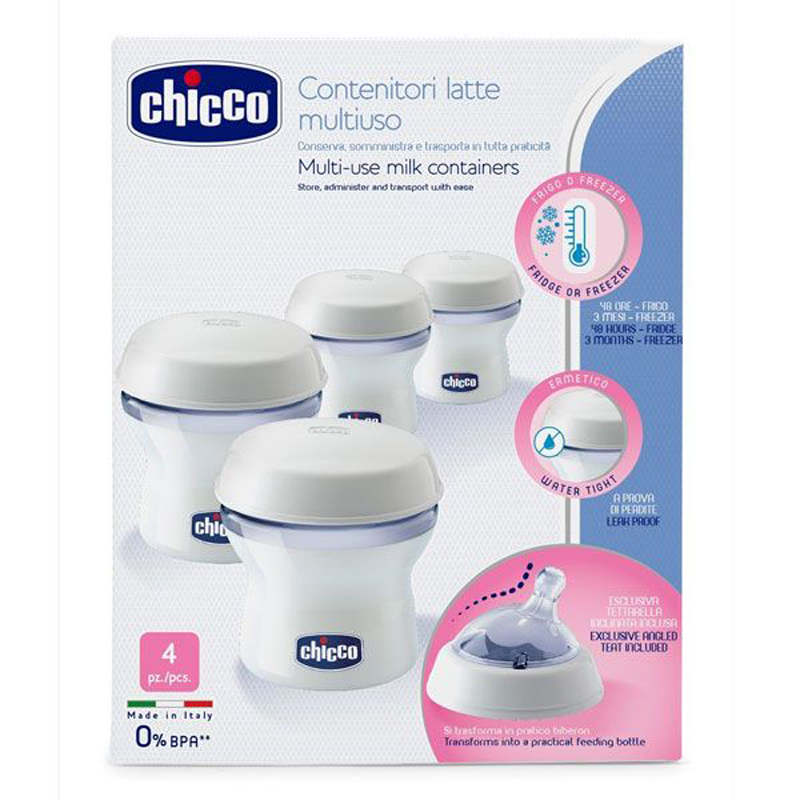 CHICCO - Zásobníky viacúčelové na materské mlieko s fľaškovou násadkou Natural Feeling, 4ks