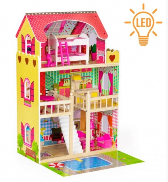 ECO TOYS - Drevený domček pre bábiky s nábytkom, bazénom a osvetlením