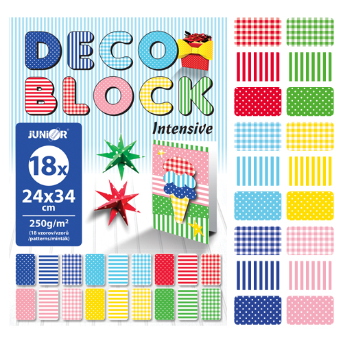 JUNIOR - Blok dekoračného papiera - výkres DECO BLOCK B4 24x34 cm, 250g (18 ks) mix 6 vzorov/x3