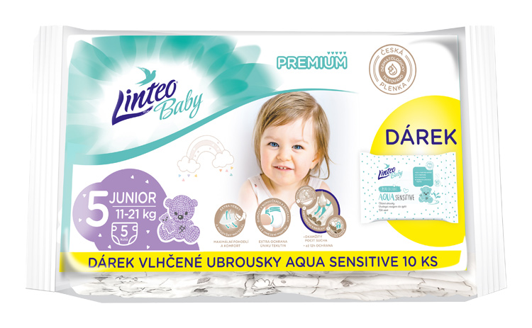 LINTEO - Baby premium Junior jednorázové plienky (11-21kg) 5ks + darček vlhčené utierky AQUA SENSITIVE 10ks