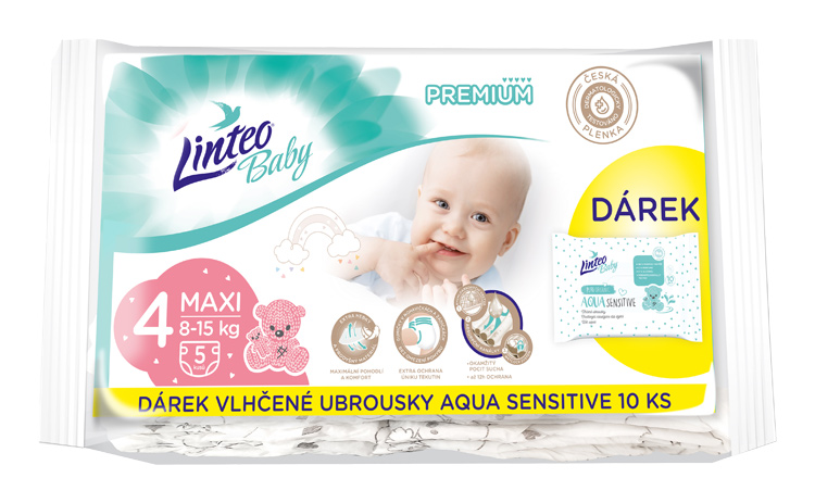 LINTEO - Baby premium Maxi jednorázové plienky (8-15kg) 5ks + darček vlhčené utierky AQUA SENSITIVE 10ks