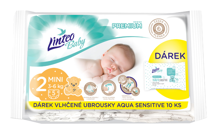 LINTEO - Baby premium Mini jednorázové plienky (3-6kg) 5ks + darček vlhčené utierky AQUA SENSITIVE 10ks