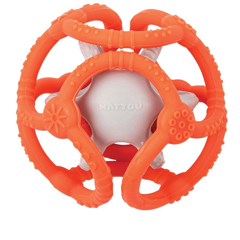 NATTOU - Hryzačka silikónová lopta 2v1 bez BPA 10 cm oranžovo-šedá