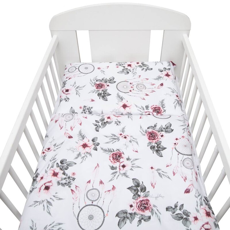 NEW BABY - 2-dielne posteľné obliečky 100/135 cm biele kvety a pierka