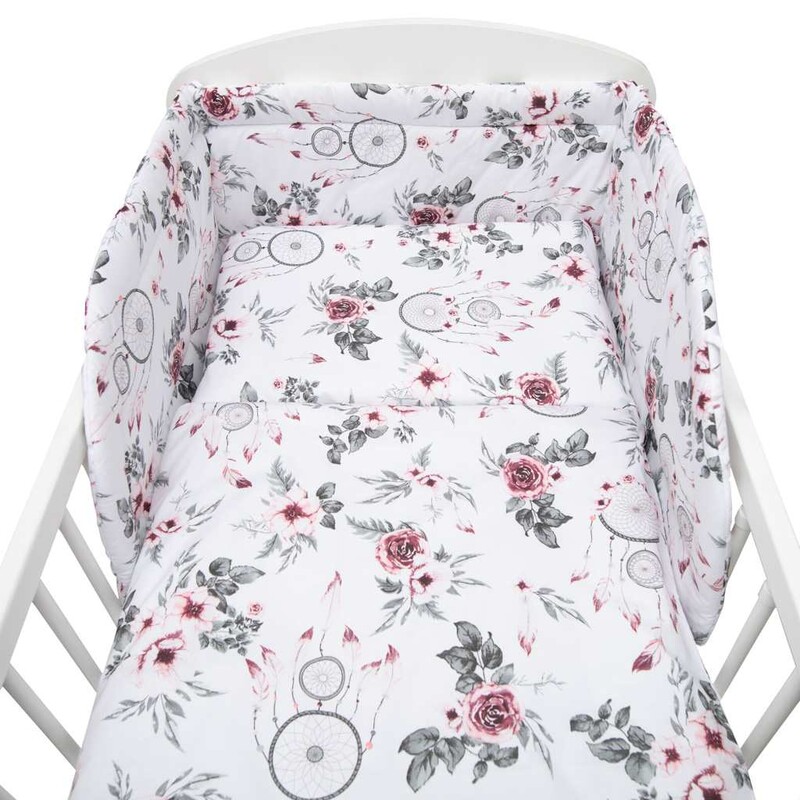 NEW BABY - 3-dielne posteľné obliečky 90/120 cm biele kvety a pierka