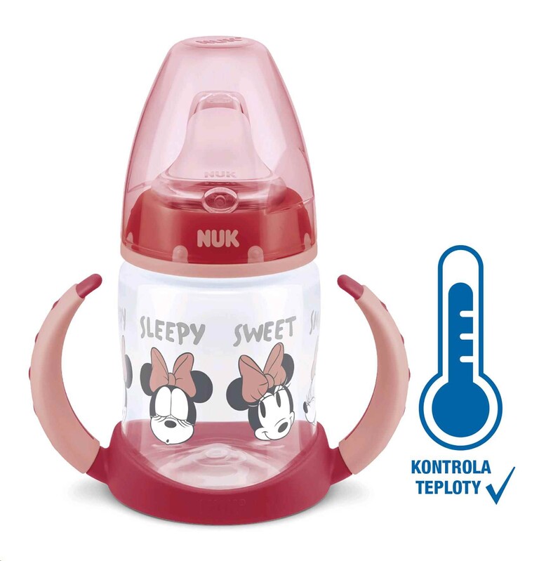 NUK - Dojčenská fľaša na učenie Disney Mickey s kontrolou teploty 150 ml červená