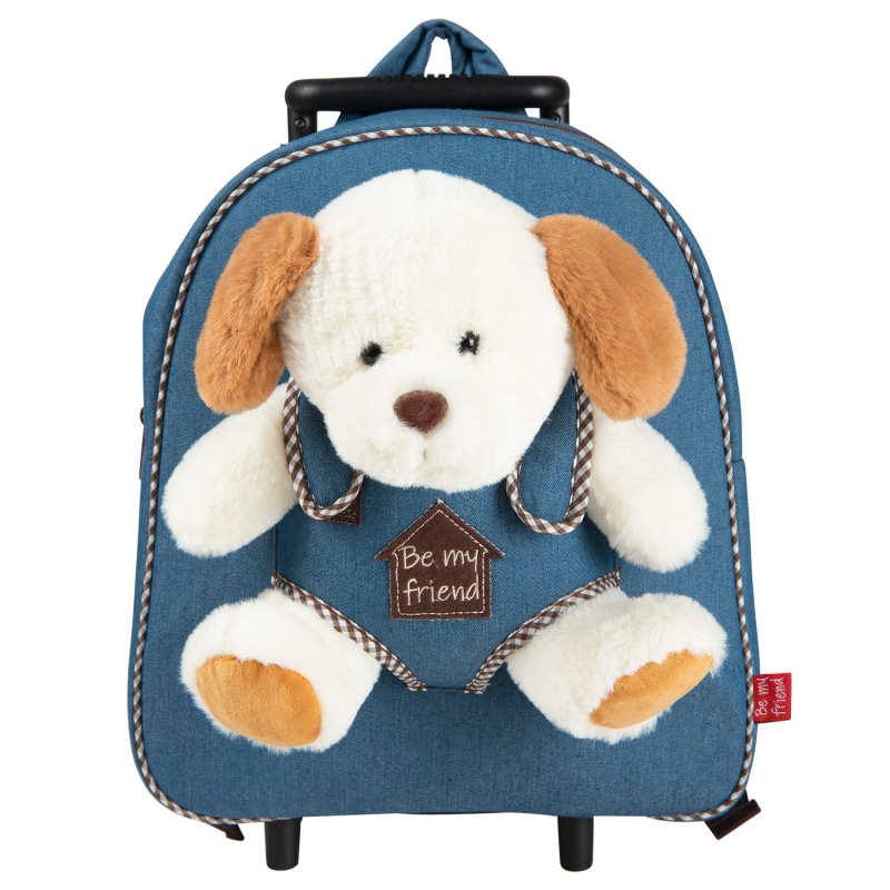 PERLETTI - BE MY FRIEND, Detský denimový batoh na kolieskach s odnímateľnou hračkou PSÍK, 13034