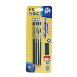 ASTRA - 4x obyčajná HB ceruzka s gumou, strúhadlo + násadka, blister, 206120009