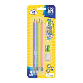 ASTRA - Pastel,4x obyčajná HB ceruzka s merítkom a gumou, strúhadlo+guma, blister, 206120007
