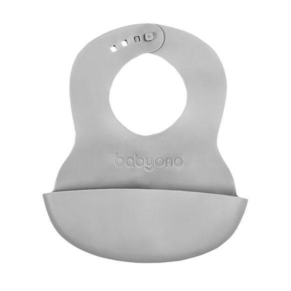 BABYONO - Podbradník mäkký plastový s vreckom bez BPA šedý 6m+