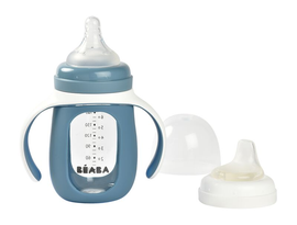 BEABA - Dojčenská fľaša sklenená 2v1 210ml so silikónovou ochranou Blue