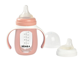 BEABA - Dojčenská fľaša sklenená 2v1 210ml so silikónovou ochranou Pink