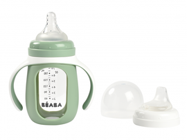 BEABA - Dojčenská fľaša sklenená 2v1 210ml so silikónovou ochranou Sage Green