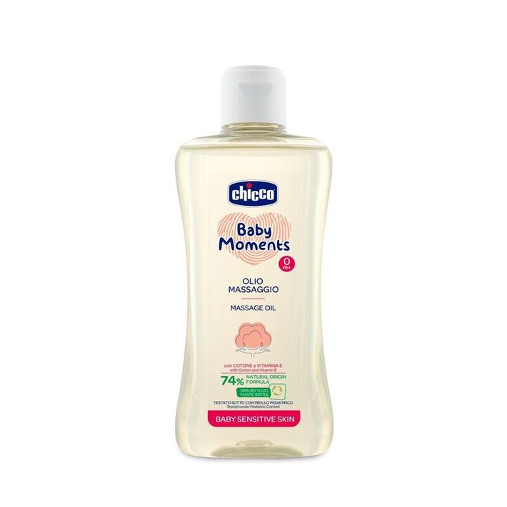 CHICCO - Olej masážny s bavlnou a vitamínom E Baby Moments Sensitive 74 % prírodných zložiek 200 ml