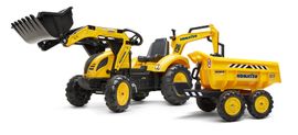 FALK - Šliapací traktor 2086W Komatsu s bagrom a Maxi vyklápacím prívesom - žltý