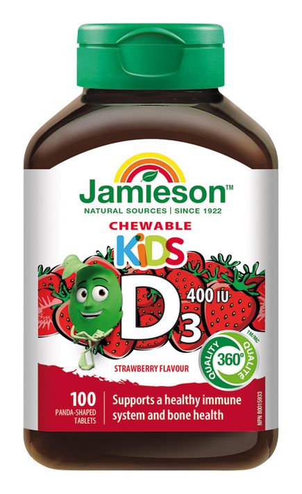 JAMIESON - Vitamín D3 Kids 400 IU tablety na cmúľanie s príchuťou jahody pre deti 100 tbl.