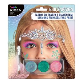 KIDEA - Farby na tvár PRINCEZNÁ - 3 farby + štetec a diamanty (sada)