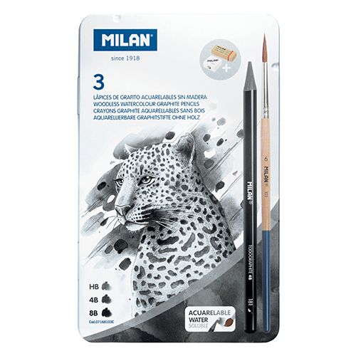 MILAN - Akvarelové ceruzky - sada 3 ks(HB/4B/8B) + 1 štetec a 2 gumy v kovovom boxe