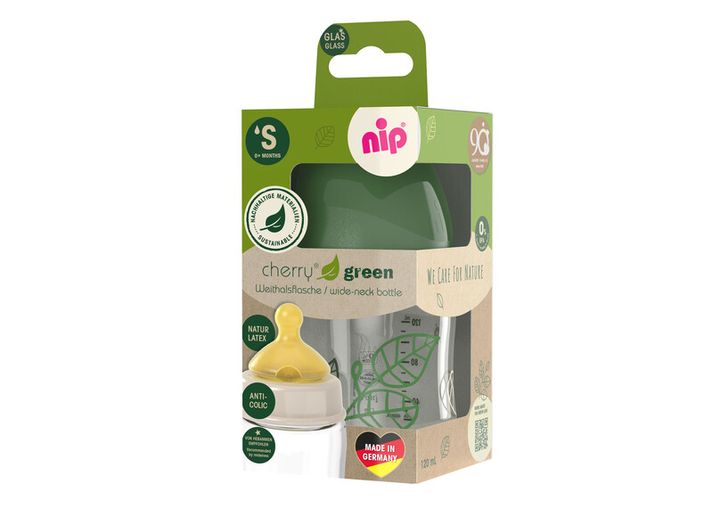 NIP - CHERRY GREEN fľaša sklo, široká, kaučuk-S, 120ml, chlapec