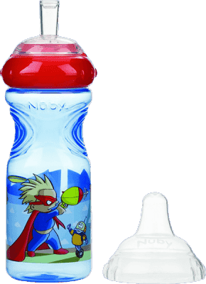 NUBY - Netečúca fľaša so silikónovým náustkom 300 ml, 9 m +, modrá s červeným viečkom – superhrdina