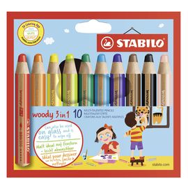 STABILO - Pastelky woody 3 v 1 - farbička, vdodovka, voskovka - 10 ks rôznych farieb