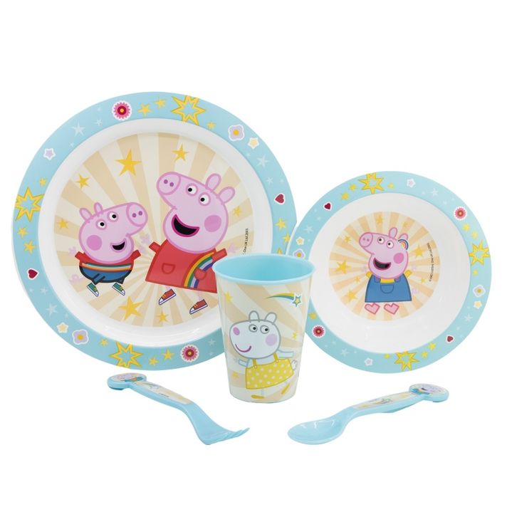STOR - Detský plastový riad Peppa Pig (tanier, miska, pohár, príbor), 41260