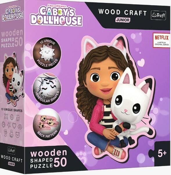 TREFL -  Drevené puzzle Junior 50 dielikov - Gabi's Doll House / Gabby a jej mačiatko