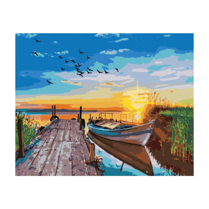 ZUTY - Diamantové maľovanie (s rámom) - Západ slnka nad jazerom s loďkou