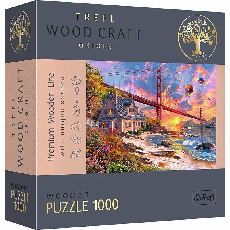 TREFL - Drevené puzzle 1000 - Západ slnka nad mostom Golden Gate