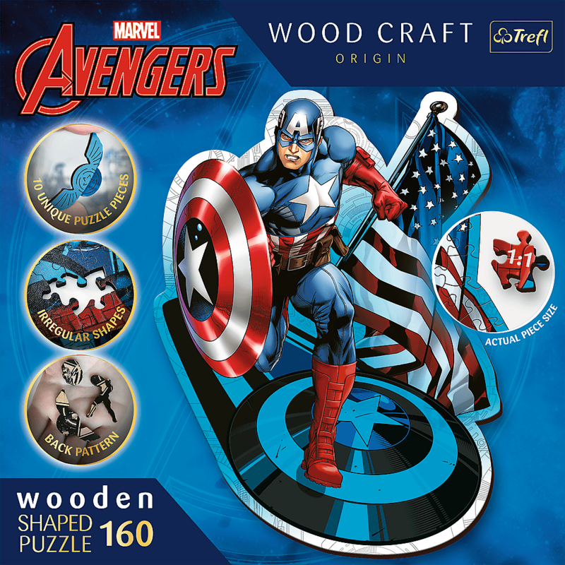 TREFL -  Drevené puzzle 160 dielikov - Nebojácny Kapitán America / Disney Marvel Heroes