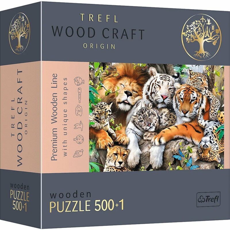 TREFL - Drevené puzzle 501 - Divoké mačky v džungli