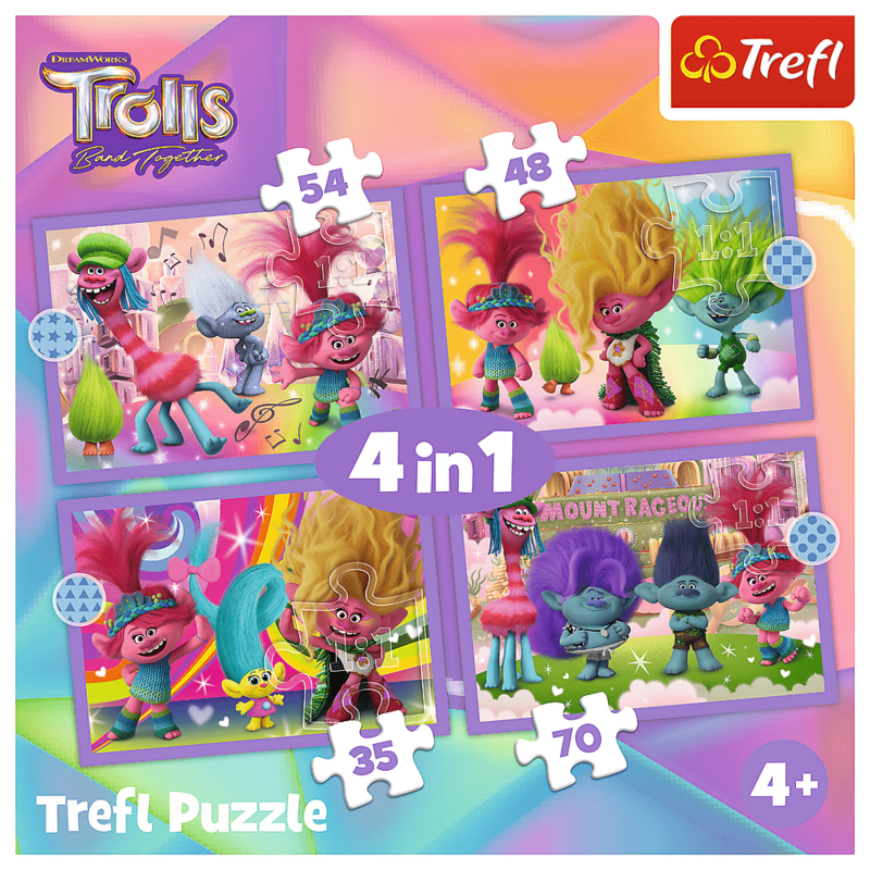 TREFL -  Puzzle 4v1 - Dobrodružstvá farebných Trollov / Universal Trolls 3 (2023)