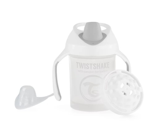 TWISTSHAKE - Nekvapkajúci hrnček Twistshake so sitkom, 4m +, 230ml, biely