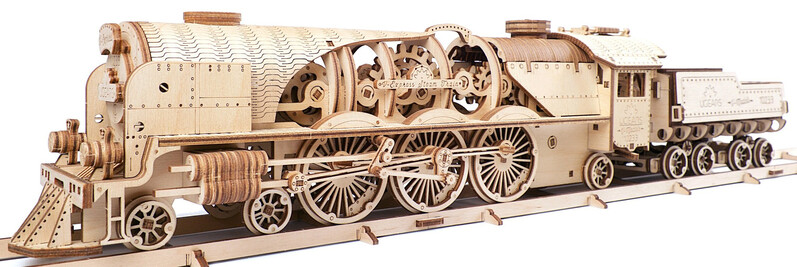 UGEARS - 3D drevené mechanické puzzle V-Express parná lokomotíva 4-6-2 s tendrom