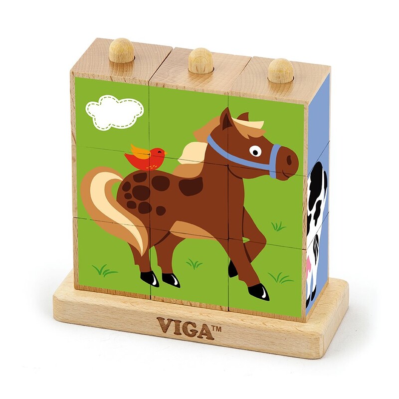 VIGA - Drevené puzzle kocky na stojane Viga Farma